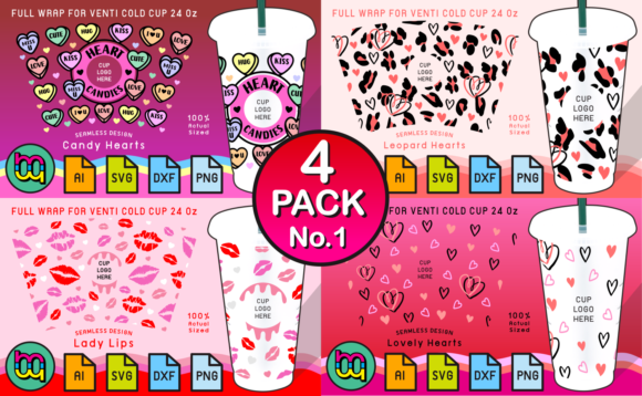 24oz Venti Cold Cup SVG Valentine 4 Pack — Graphics & Print Templates
