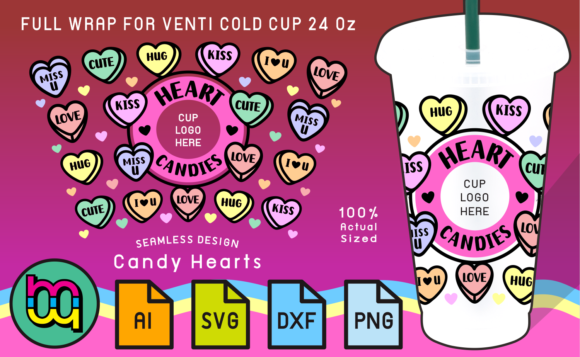 Candy Hearts Valentine 24oz Cold Cup SVG: Graphics & Print Templates